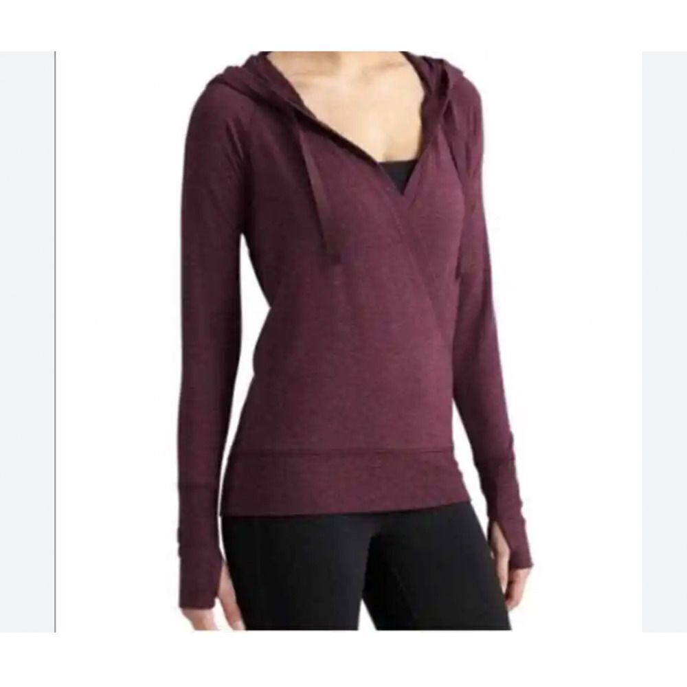 Athleta Inner Twist Hooded Top Long Sleeve Womens Size Large Eggplant Thumb Hole